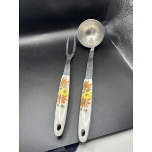 Vintage Ekco Stainless Steal Country Garden Carving‎ Fork And Ladle Circa 1970